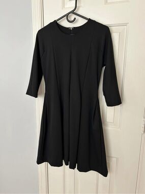 Classy, Elegant Black Long Sleeves Dress with Pleated Skirt, Pockets